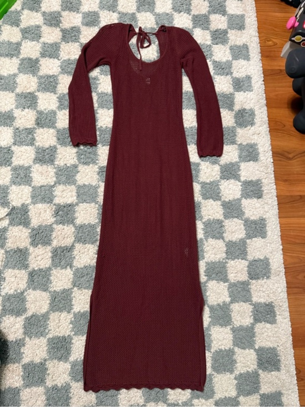 Crochet Maxi long sleeve scoop neck dress tie back swim coverup boho size small